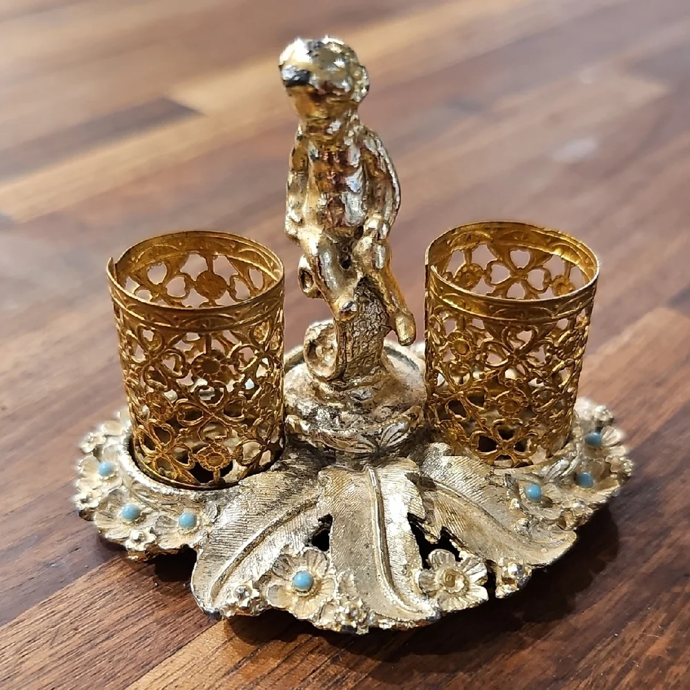 VINTAGE Lipstick Holder Sam Fink Gold Filigree Cherub Vanity 1960's